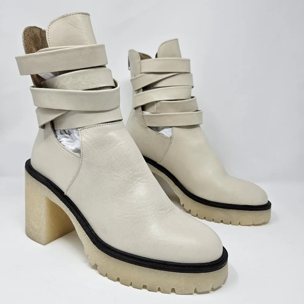 Free People Jesse Cut-Out Ivory Leather Platform Ankle Boots Sz 8 & 9 Boho - Picture 3 of 16